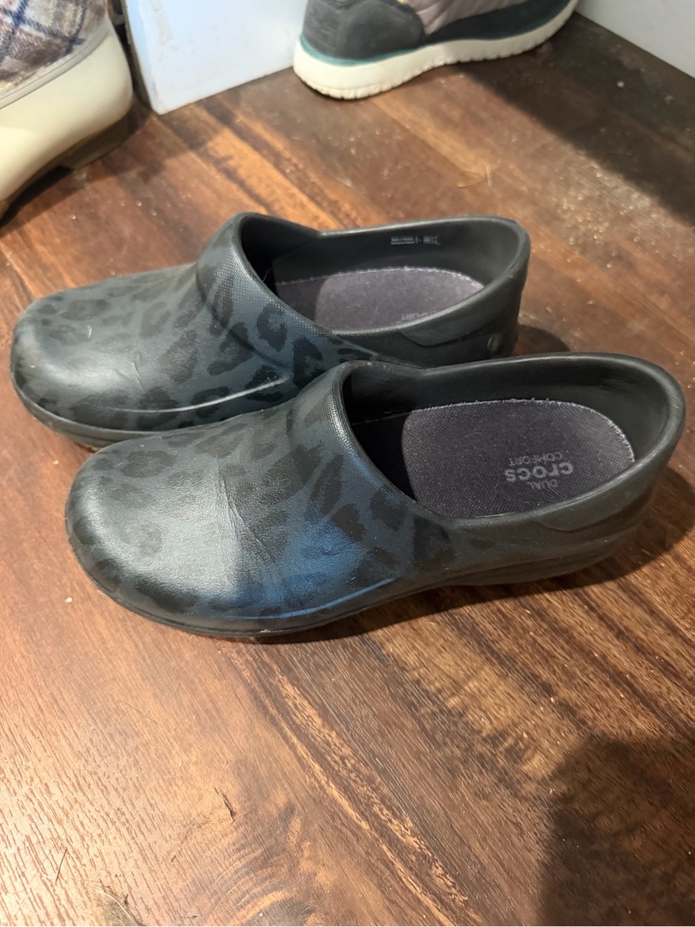 CROCS Black Leopard-Print Slip-On Clogs